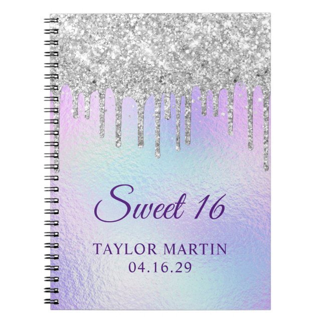Silver Glitter Drips Iridescent Sweet 16 Guest Notebook (Front)