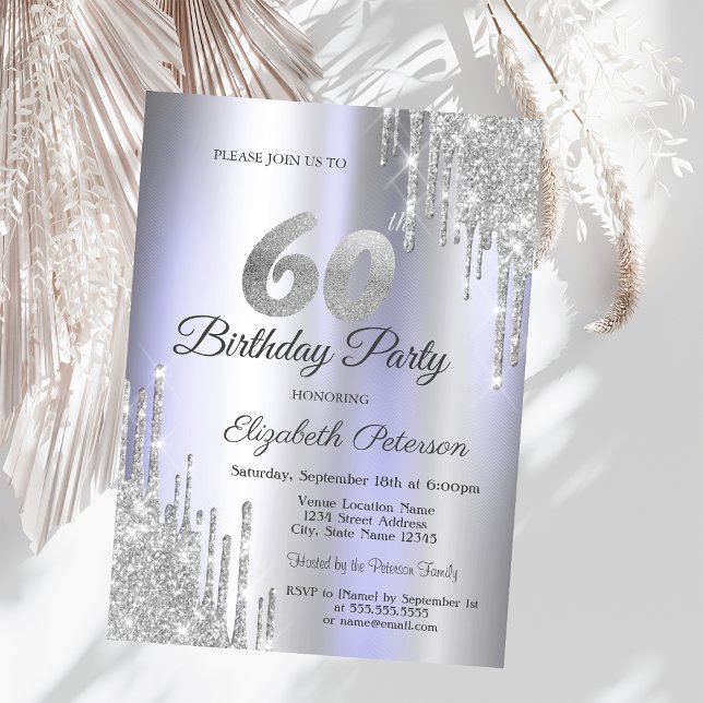  Silver Glitter Drips Light Purple 60th Birthday   Invitation (Creator Uploaded)