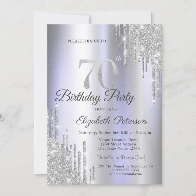  Silver Glitter Drips Light Purple 70th Birthday   Invitation (Front)