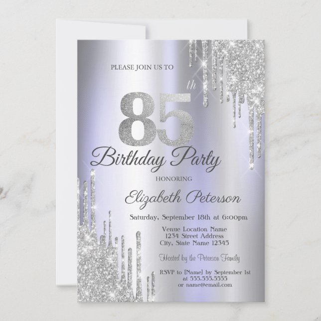  Silver Glitter Drips Light Purple 85th Birthday   Invitation (Front)