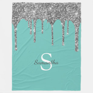 Silver Glitter Drips Light Teal Monogram Name Fleece Blanket
