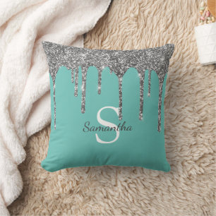 Silver Glitter Drips Light Teal Monogram Name Throw Pillow