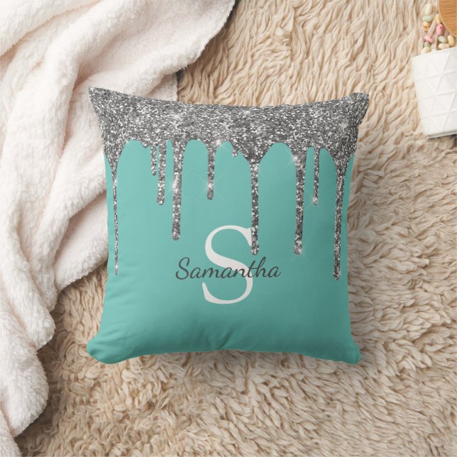 Silver Glitter Drips Light Teal Monogram Name Throw Pillow (Blanket)