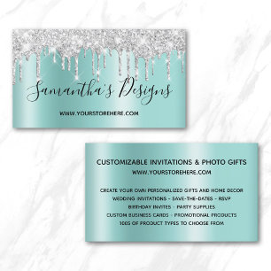Silver Glitter Drips Light Teal Ombre Online Store Business Card