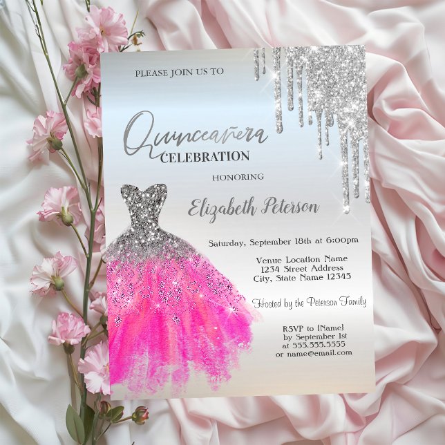 Silver Glitter Drips,Luxury Dress Quinceanera Invitation (Creator Uploaded)