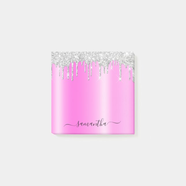Silver Glitter Drips Magenta Shimmer Post-it Notes (Front)