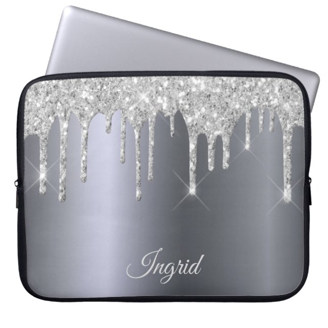 Silver glitter drips metallic name script laptop sleeve (Front)