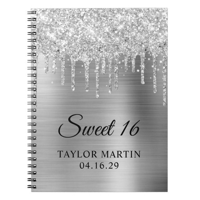 Silver Glitter Drips Metallic Sweet 16 Guest Notebook (Front)