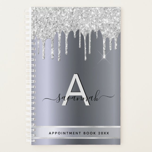 Silver glitter drips monogram appointments planner (Front)