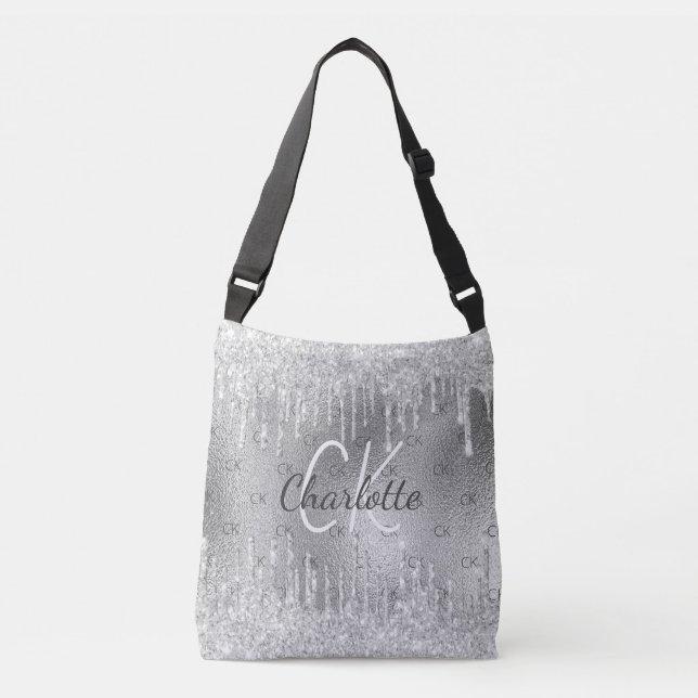 Silver glitter drips monogram  elegant  crossbody bag (Front)