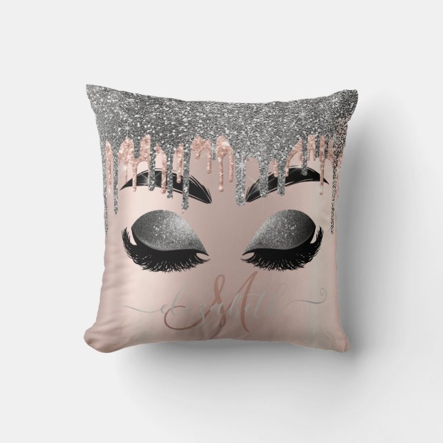 Silver Glitter Drips Monogram Faux Lashes Throw Pillow (Front)