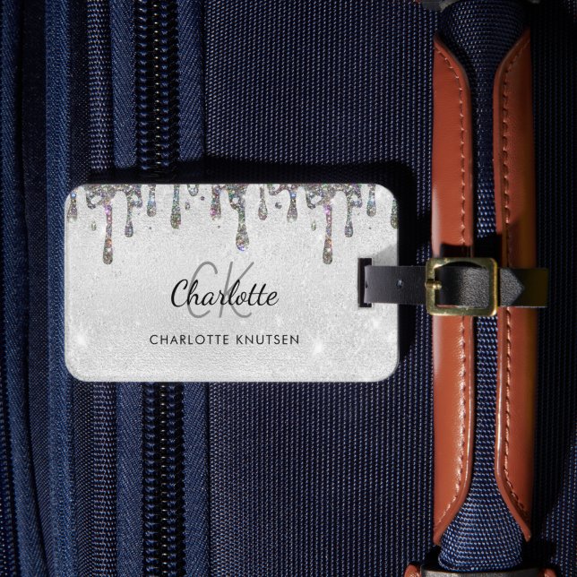 Silver glitter drips monogram initials name luggage tag (Front Insitu 4)