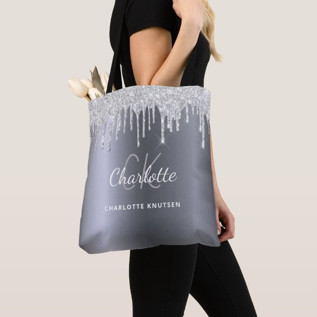 Silver glitter drips monogram initials tote bag (Close Up)