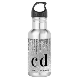 Silver glitter drips monogram name 532 ml water bottle