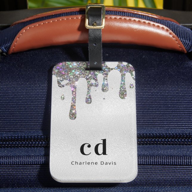 Silver glitter drips monogram name luggage tag (Front Insitu 2)