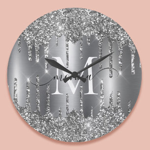 Silver Glitter Drips Monogram Personalized Large Clock
