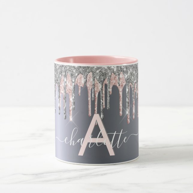 Silver glitter drips monogram pink name script mug (Center)