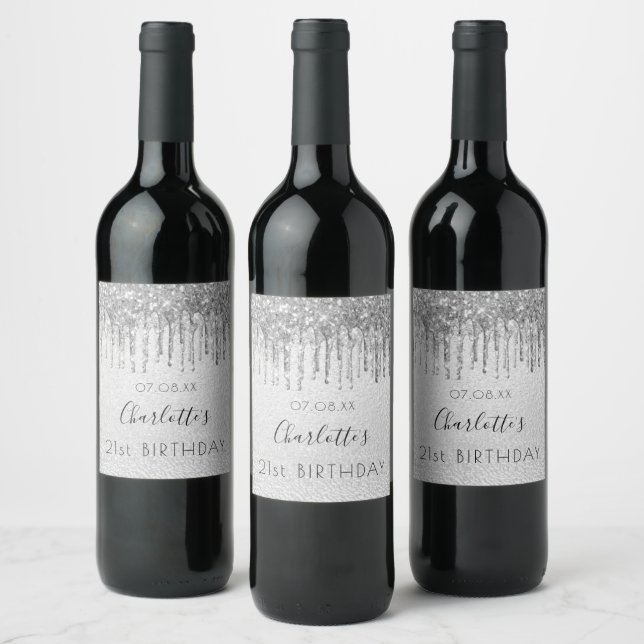 Silver glitter drips name birthday wine label (Bottles)