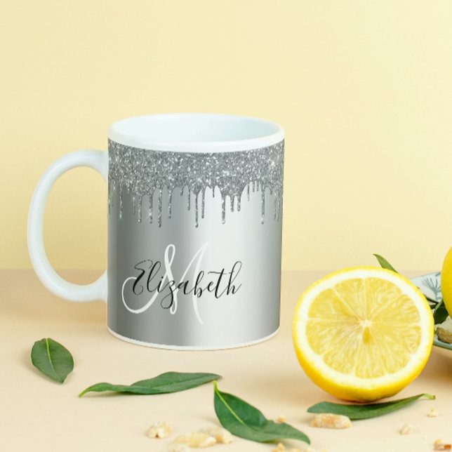Silver Glitter Drips Name Personalized Monogram Coffee Mug (Creator Uploaded)