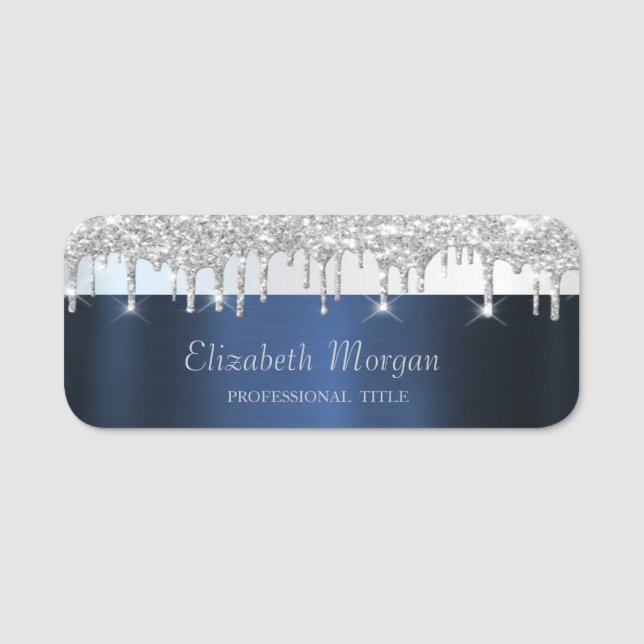 Silver Glitter Drips Navy Blue Name Tag (Front)