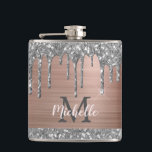 Silver Glitter Drips on Pink Metal Monogrammed Hip Flask<br><div class="desc">Modern, girly silver glitter drips name and monogrammed flask. This design features silver grey (grey) glitter sparkle drips on blush pink rose gold brushed metal background with custom personalized monogram initial and first name text template. Great feminine girly gift for girlfriend, mother, birthday, wedding, bridal shower, sweet 16 birthday party,...</div>