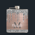 Silver Glitter Drips on Pink Metal Monogrammed Hip Flask<br><div class="desc">Modern, girly silver glitter drips name and monogrammed flask. This design features silver grey (grey) glitter sparkle drips on blush pink rose gold brushed metal background with custom personalized monogram initial and first name text template. Great feminine girly gift for girlfriend, mother, birthday, wedding, bridal shower, sweet 16 birthday party,...</div>