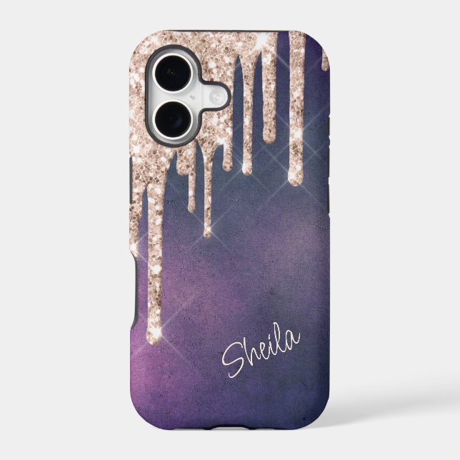 Silver Glitter Drips on Pink Purple Monogram   (Back)