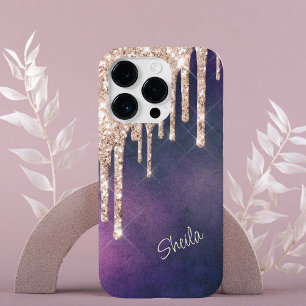 Silver Glitter Drips on Pink Purple Monogram Case-Mate iPhone 14 Pro Case
