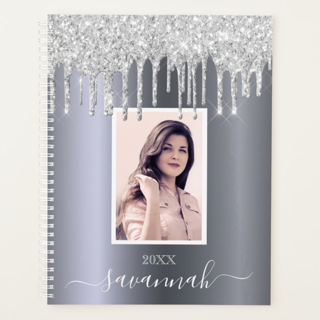 Silver glitter drips photo name script planner (Front)