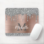 Silver Glitter Drips Pink Metallic Monogram        Mouse Pad<br><div class="desc">Modern, girly silver grey glitter drips name and monogrammed mousepad. This design features silver grey (grey) glitter sparkle drips on pink rose gold brushed metal background with custom personalized monogram initial and first name text template. Perfect feminine gift. Please note, this design is printed photo effect. If you need help...</div>