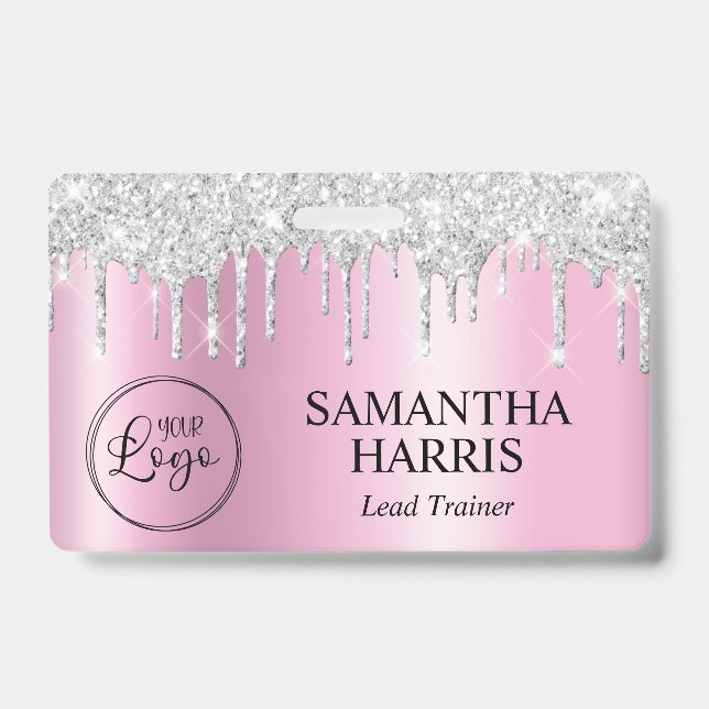 Silver Glitter Drips Pink Shimmer Badge (Front)