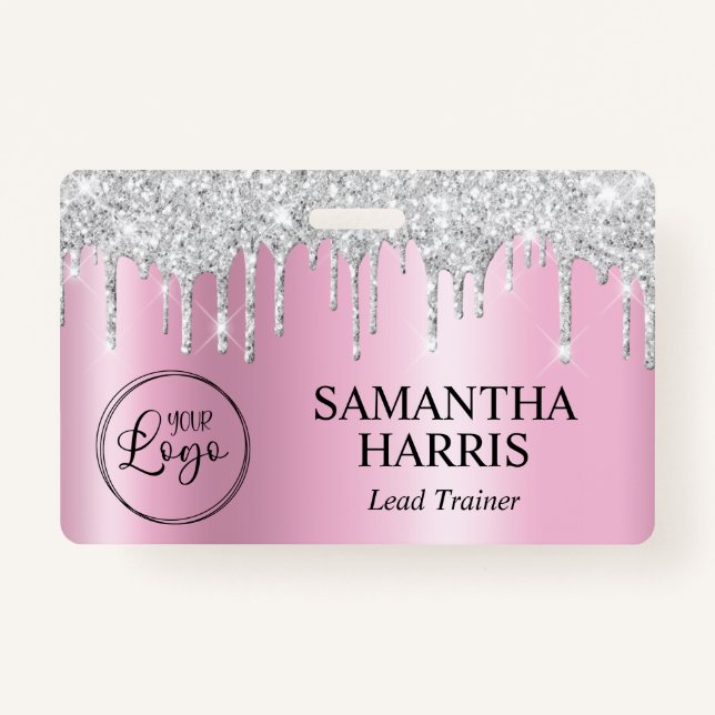 Silver Glitter Drips Pink Shimmer Badge (Front)