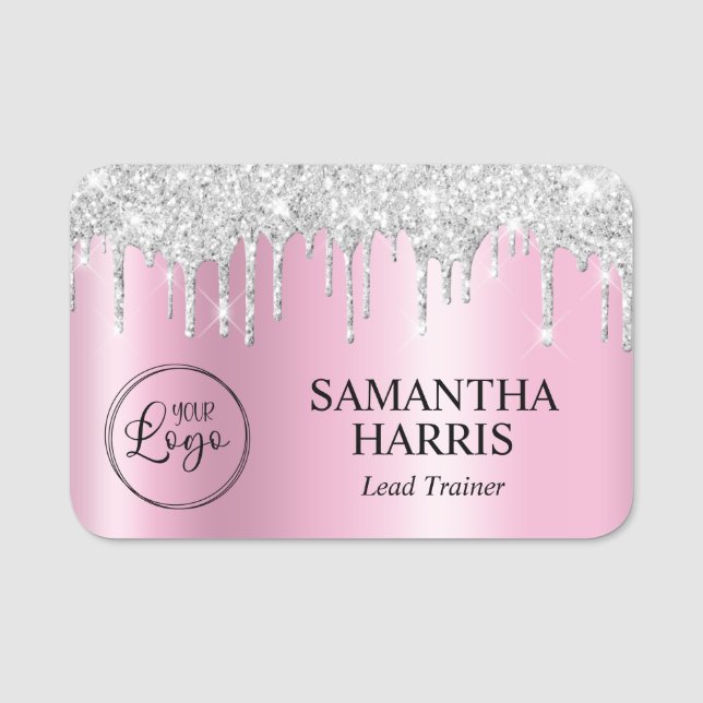 Silver Glitter Drips Pink Shimmer Name Tag (Front)