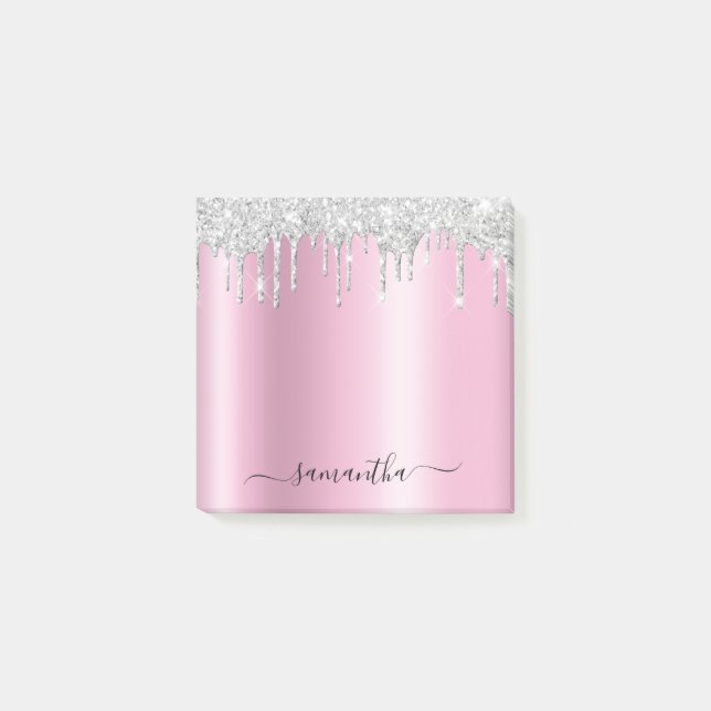 Silver Glitter Drips Pink Shimmer Post-it Notes (Front)