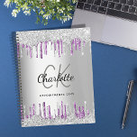 Silver glitter drips purple business logo 2025 planner<br><div class="desc">A faux silver metallic looking background. Decorated with purple and faux silver glitter drips,  paint dripping look.  Personalize and add your name,  monogram initials and a title.   
Back: add your business,  company logo and website address.</div>