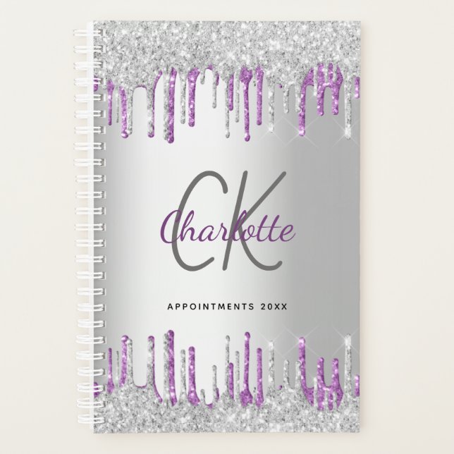 Silver glitter drips purple metal monogram 2023 planner (Front)