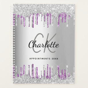 Silver glitter drips purple monogram 2027 planner