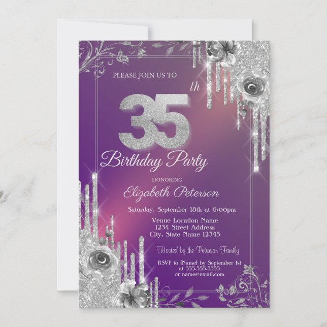  Silver Glitter Drips Purple Roses 35th Birthday Invitation (Front)