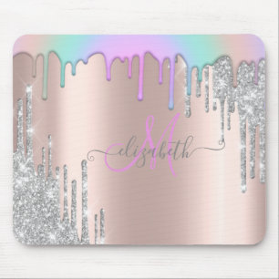 Silver Glitter Drips Rainbow Rose Gold Monogram Mouse Pad