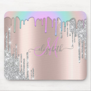 Silver Glitter Drips Rainbow Rose Gold Monogram  Mouse Pad