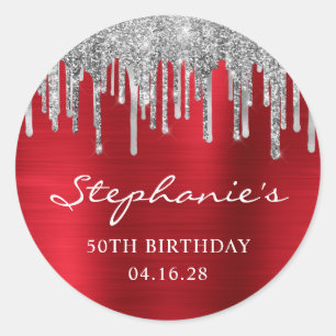 Silver Glitter Drips Red Foil 50th Birthday Classic Round Sticker