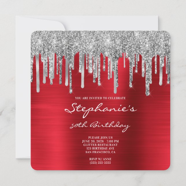 Silver Glitter Drips Red Foil 50th Birthday Invitation (Front)