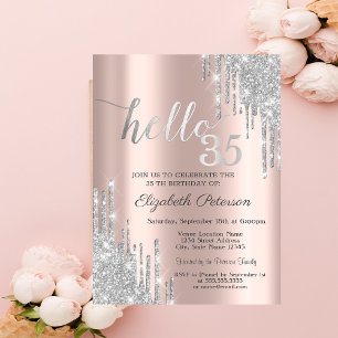 Silver Glitter Drips Rose Gold 35th Birthday In Invitation