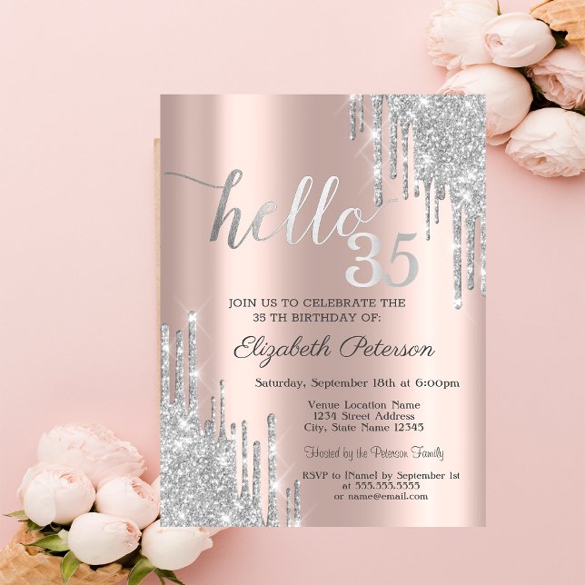 Silver Glitter Drips Rose Gold 35th Birthday    In Invitation (Creator Uploaded)