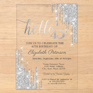 Silver Glitter Drips Rose Gold 40th Birthday  Acrylic Invitations