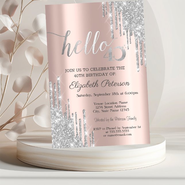Silver Glitter Drips Rose Gold 40th Birthday  Invitation (Creator Uploaded)