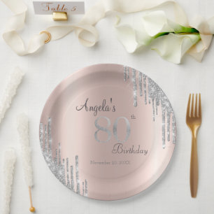 Silver Glitter Drips Rose Gold 80th Birthday Paper Plate