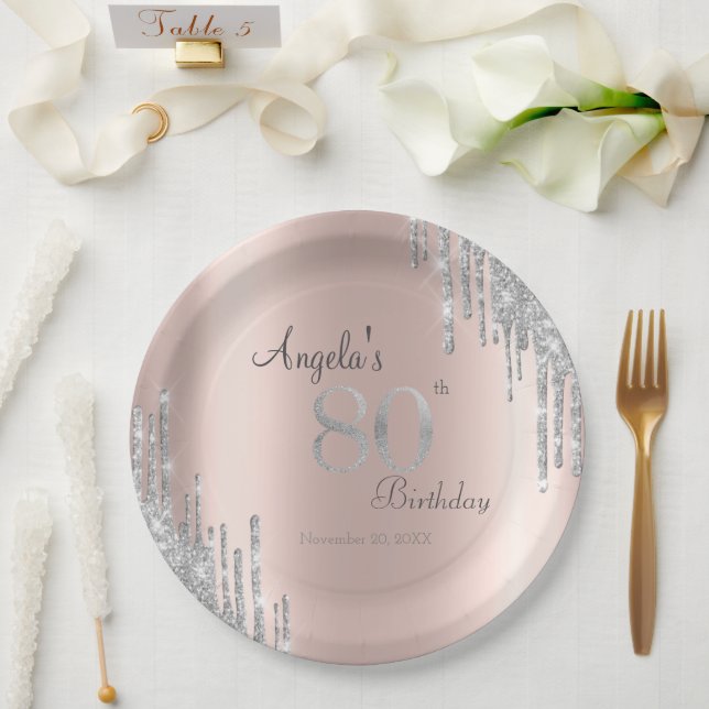 Silver Glitter Drips Rose Gold 80th Birthday Paper Plate (Wedding)