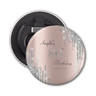 Silver Glitter Drips Rose Gold 80th Bottle Opener