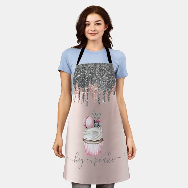 Silver Glitter Drips Rose Gold Cupcake Macaron Apron (Worn)